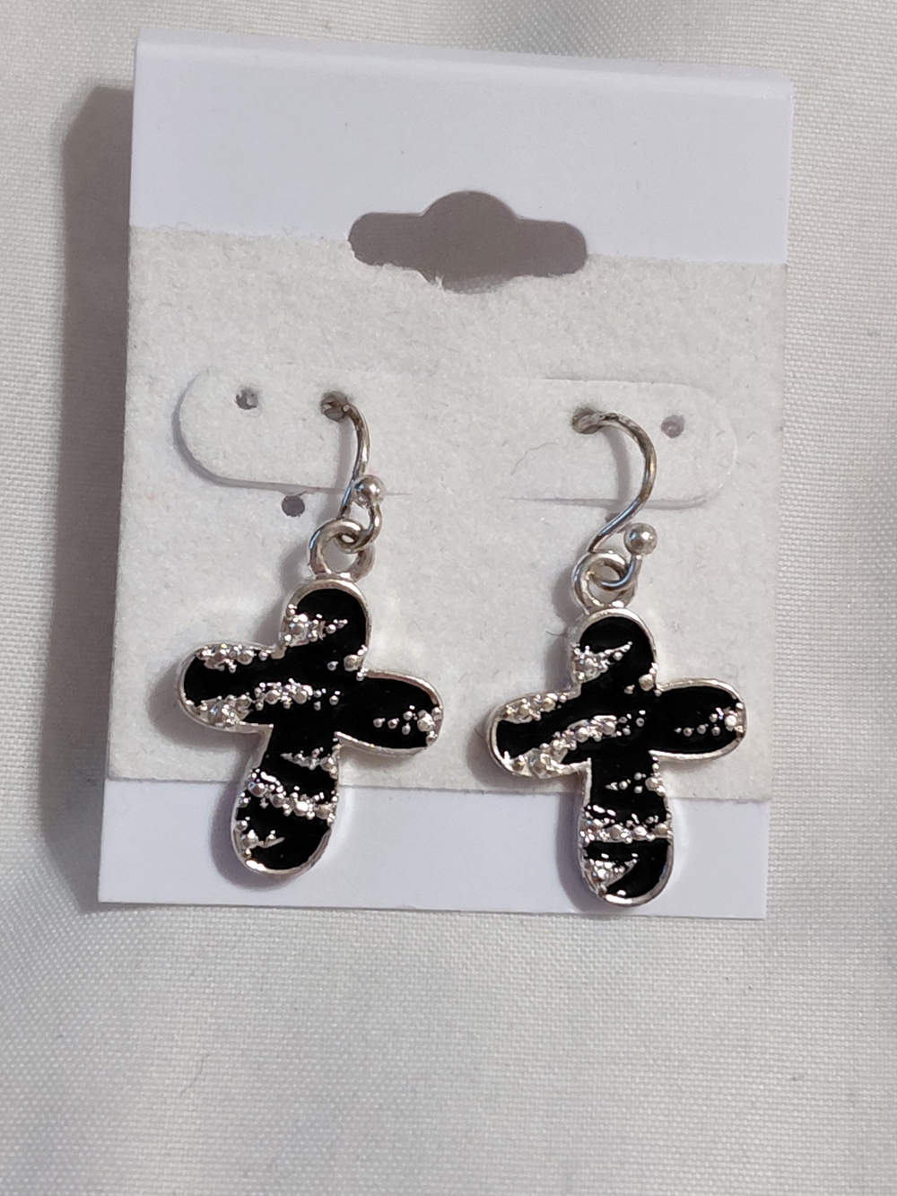 Black Enamel Cross Drop Earrings - Silver Accent